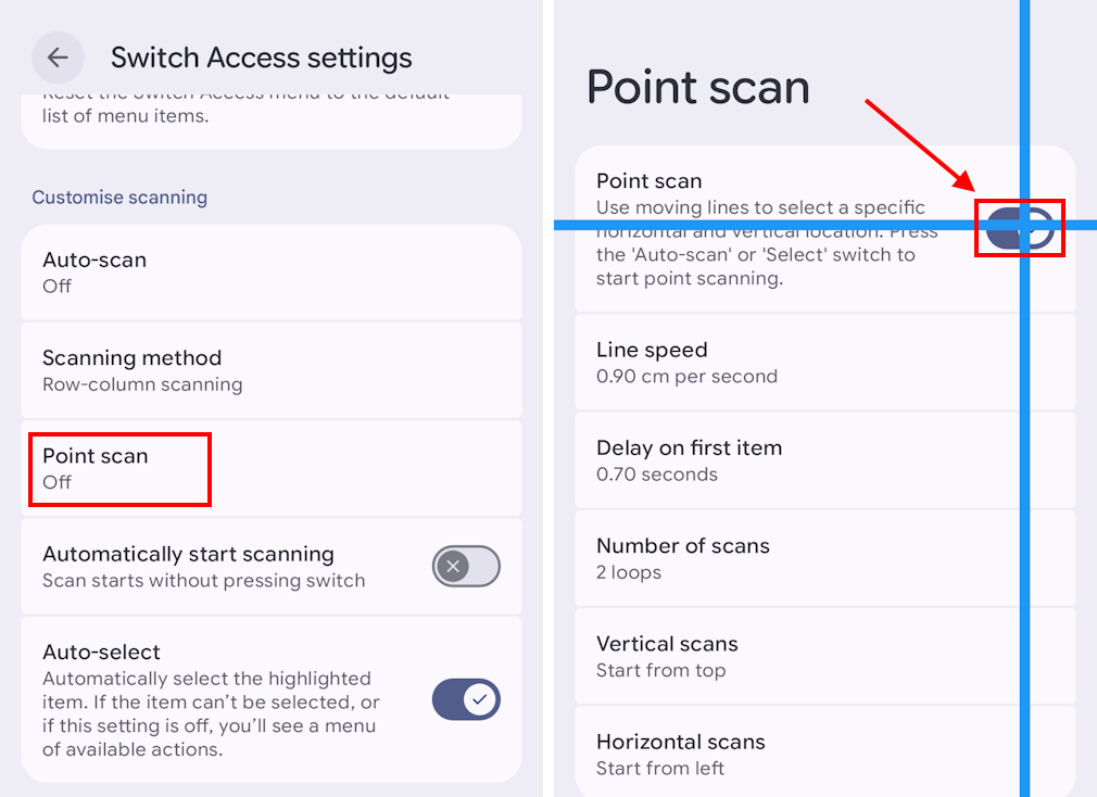 Tap Point scan then the toggle switch for Point scan to enable it